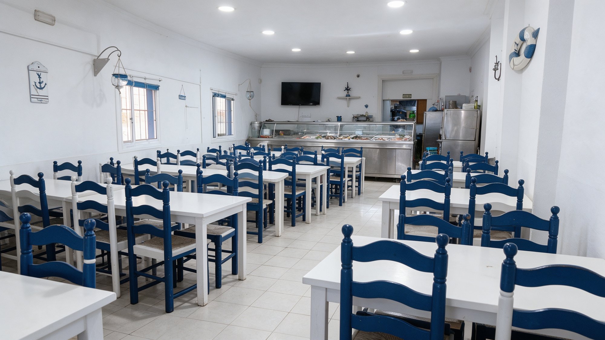 Comedor blanco y azul de freiduría con sillas y mesas blancas y mostrador al fondo