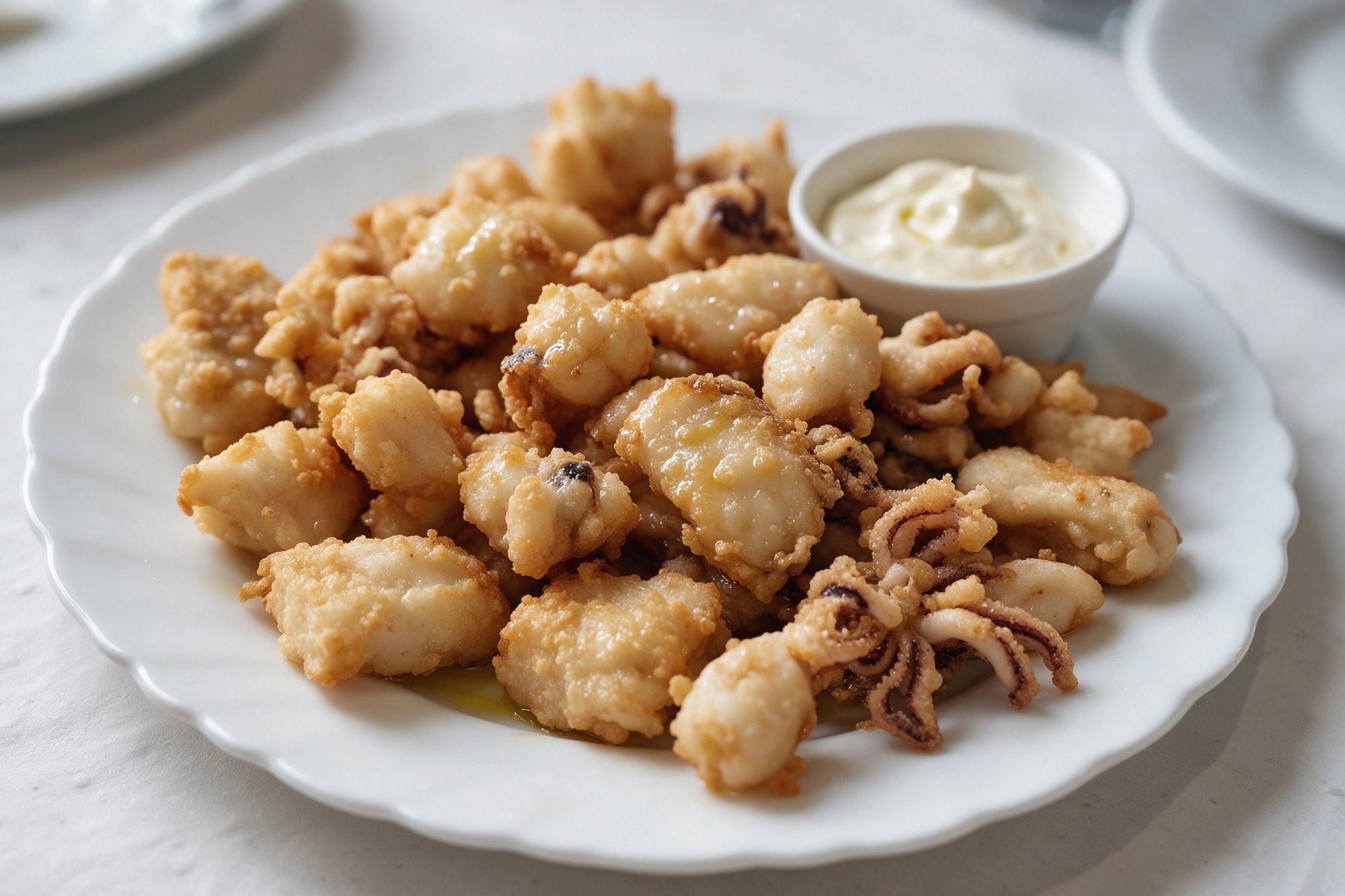 Plato blanco de pescadito frito crujiente con choco y calamares y salsa ali oli