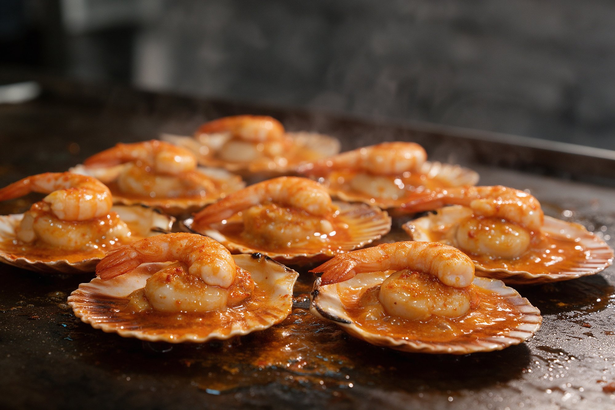 Conchas finas abiertas con gambas en salsa roja de ajos sobre plancha