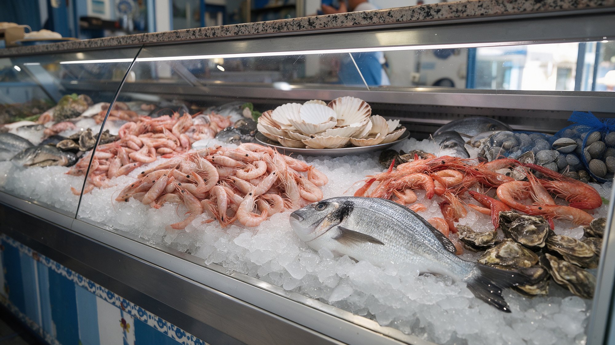 Mostrador de marisco fresco sobre hielo con gambas, conchas finas y pescado en freiduría tradicional malagueña